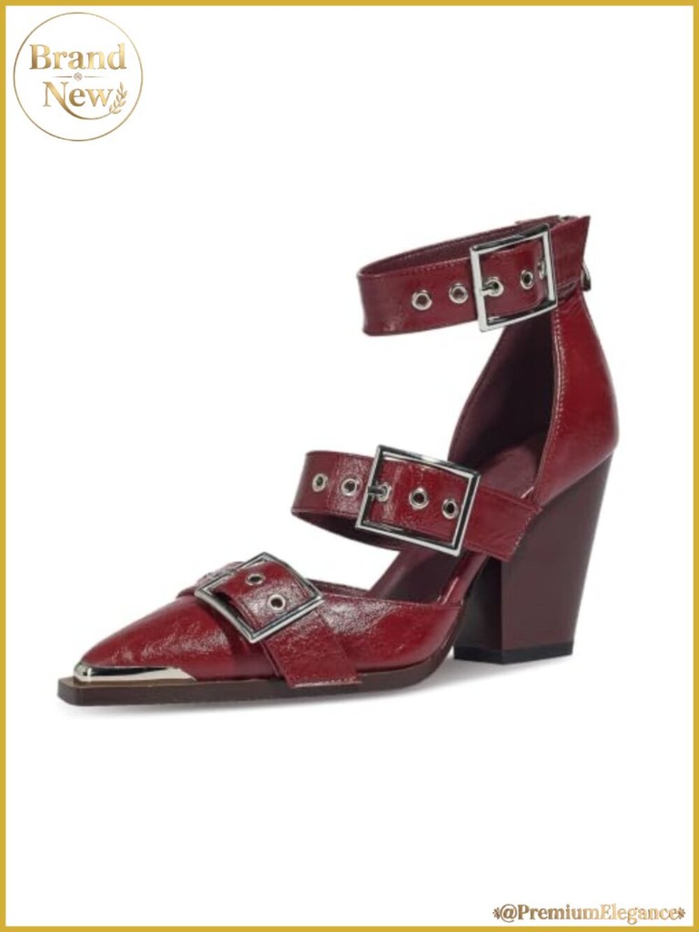 Western Heels Faux Leather Pointed Toe Ankle Strap Block Heel Sandals